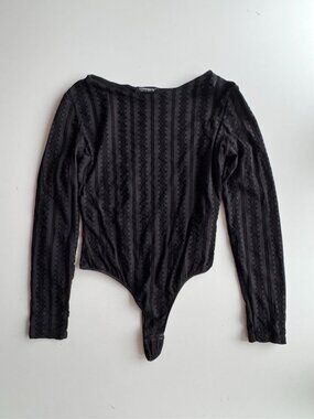Vintage COSABELLA Black Velvet Embossed Long Sleeve Thong Bodysuit, Size L